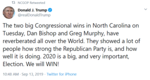 Trump tweets that NC special election victories “have reverberated all over the World”