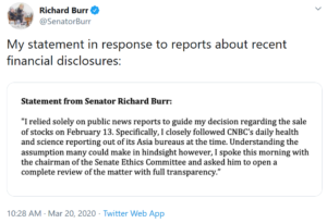 Sen. Burr responds to accusations that he sold stock because he knew coronavirus would tank markets