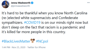 Aww: Failed millennial Ag candidate Jenna Wadsworth says she can’t be thankful this year because too many ‘white supremacists’ re-elected in NC